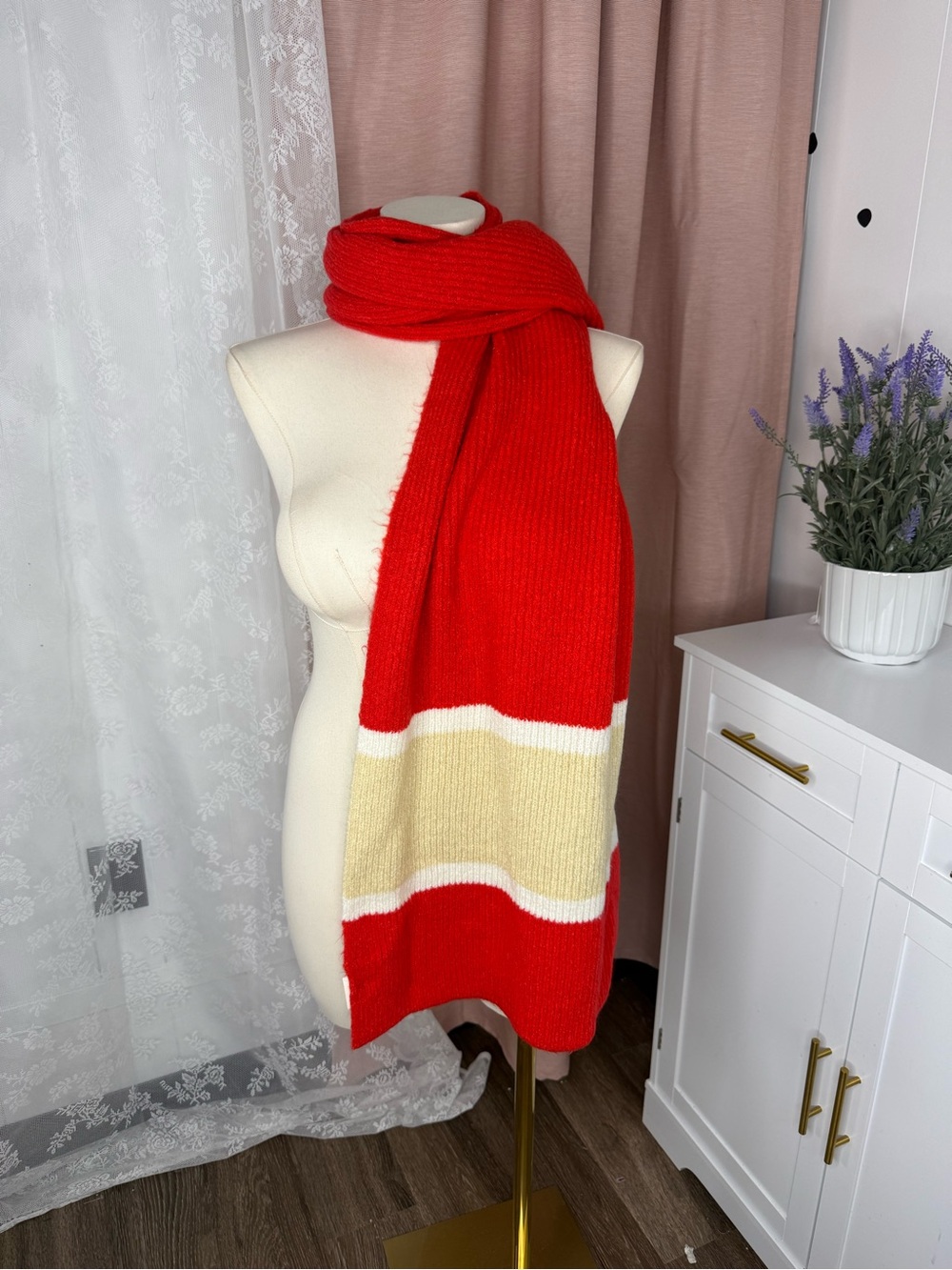 Offline Bold Red Knit Scarf with Cream Stripe